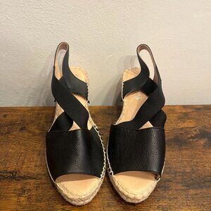 Carmen Saiz Black Leather Elastic Strap Espadrille Wedge Sandal